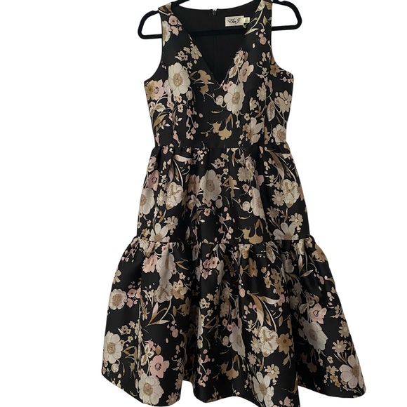 ELIZA J Floral Jacquard Fit Flare Sleeveless Black White Dress 8 - Picture 4 of 12
